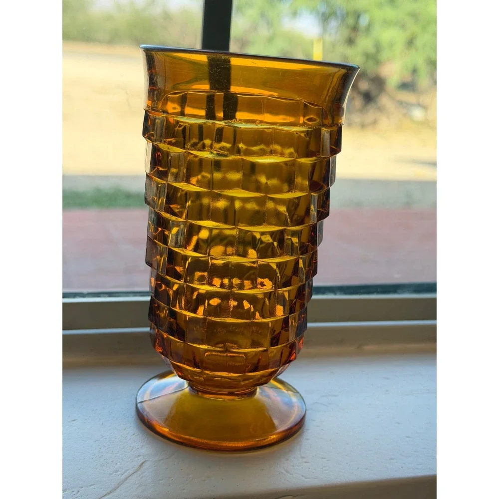 Vintage Amber Indiana Glass Footed Tumbler Whitehall Cubist Pattern Mid Century